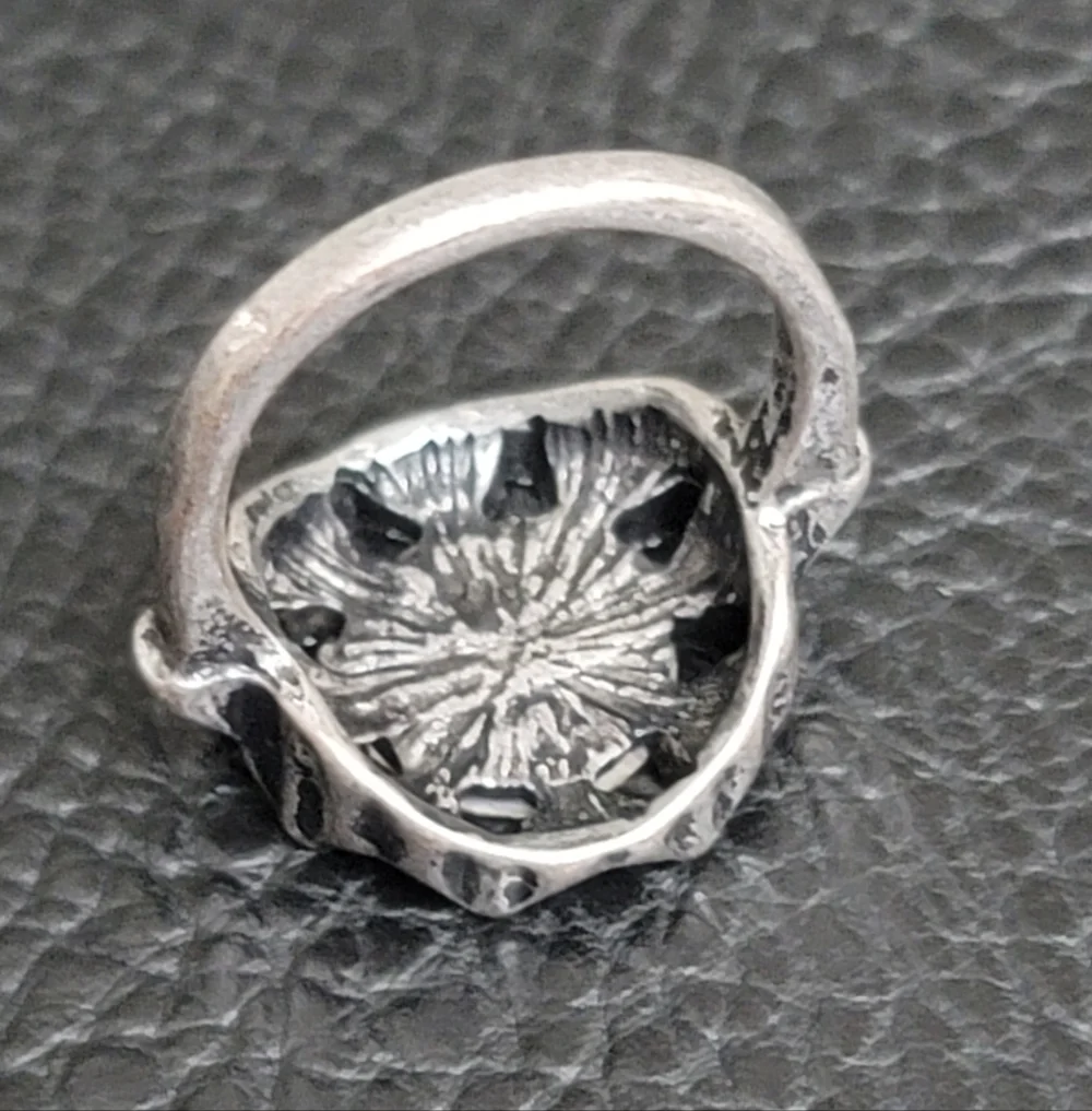 Irridescent Shell & Silvertone Ring, Antique Inspired - Size 7
